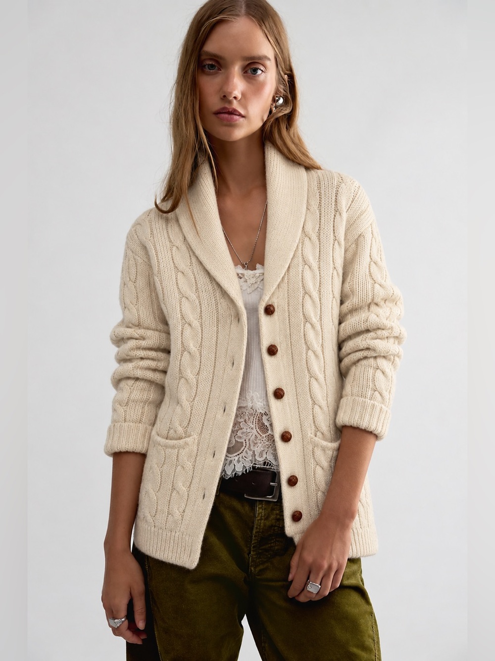 Shawl-Collar Cable Knit Cardigan Sweater in Cream